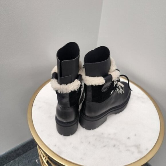 Marc Fisher Nalina Hiking Boot Leather Combat Faux Fur Black 7.5M - Picture 3 of 6